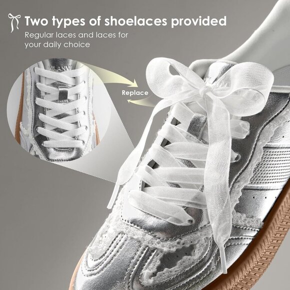 Women's Silver Lace Casual Dress Retro Gum Sole Trendy Walking Footwear Sneakers - Picture 5 of 6